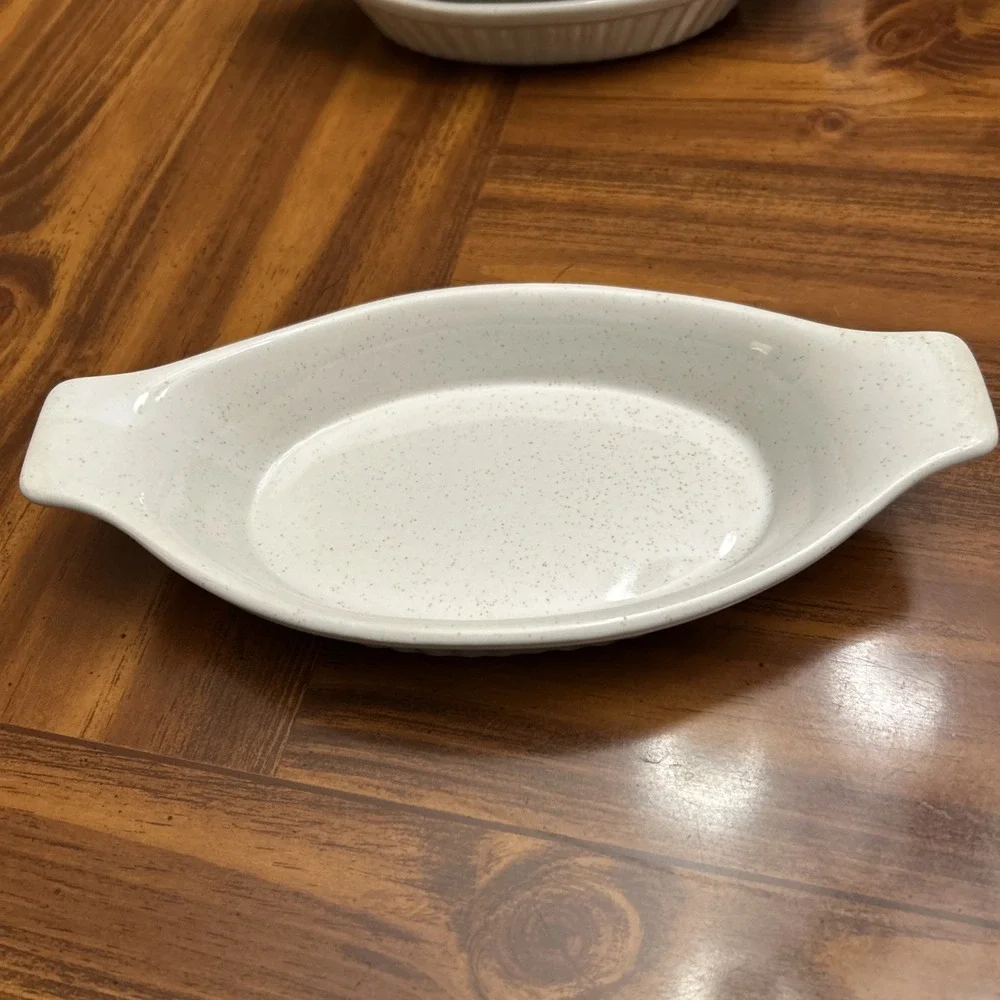 VTG Au Gratin Handled Baking Dishes Oven Proof Japan Bakeware White Set 4 Speckl